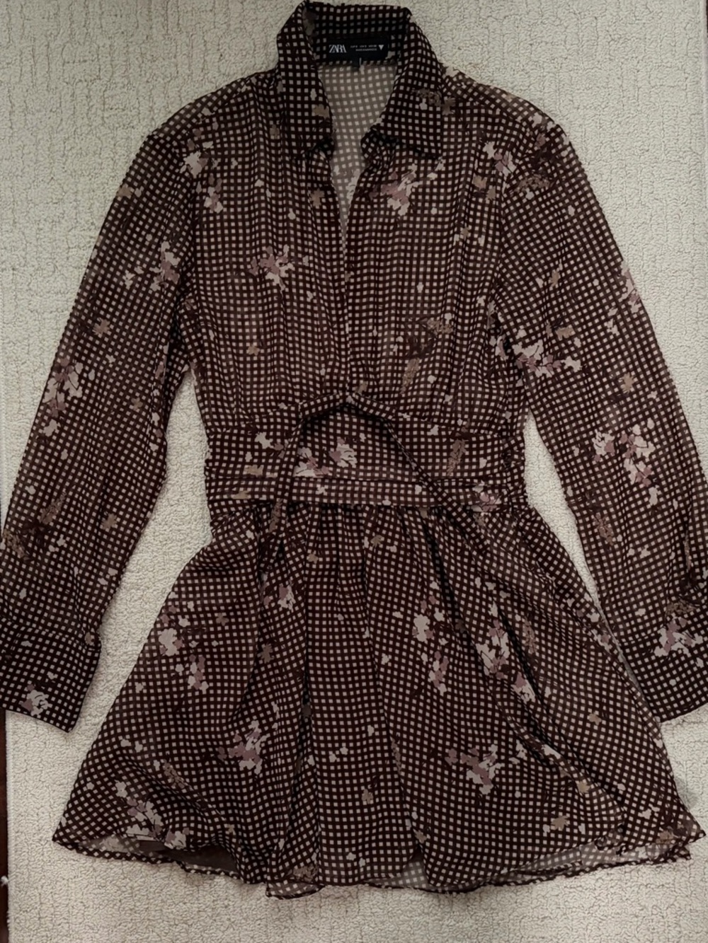 Zara Brown Floral Check Shirt Mini Dress